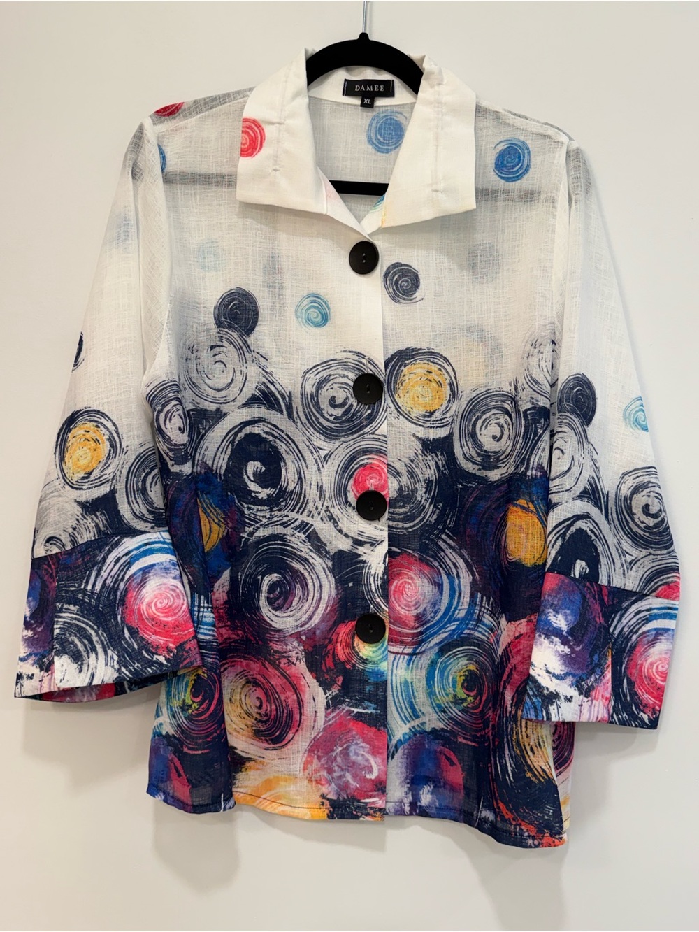Damee XL Artistic White w/ Navy Colorful Swirl-Print Button Jacket Wired Collar